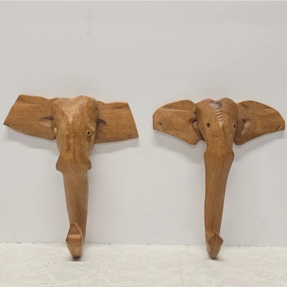 Vintage Hand Carved Elephant Wall Hooks Set Of 2 Indian Boho Decor Cottagecore